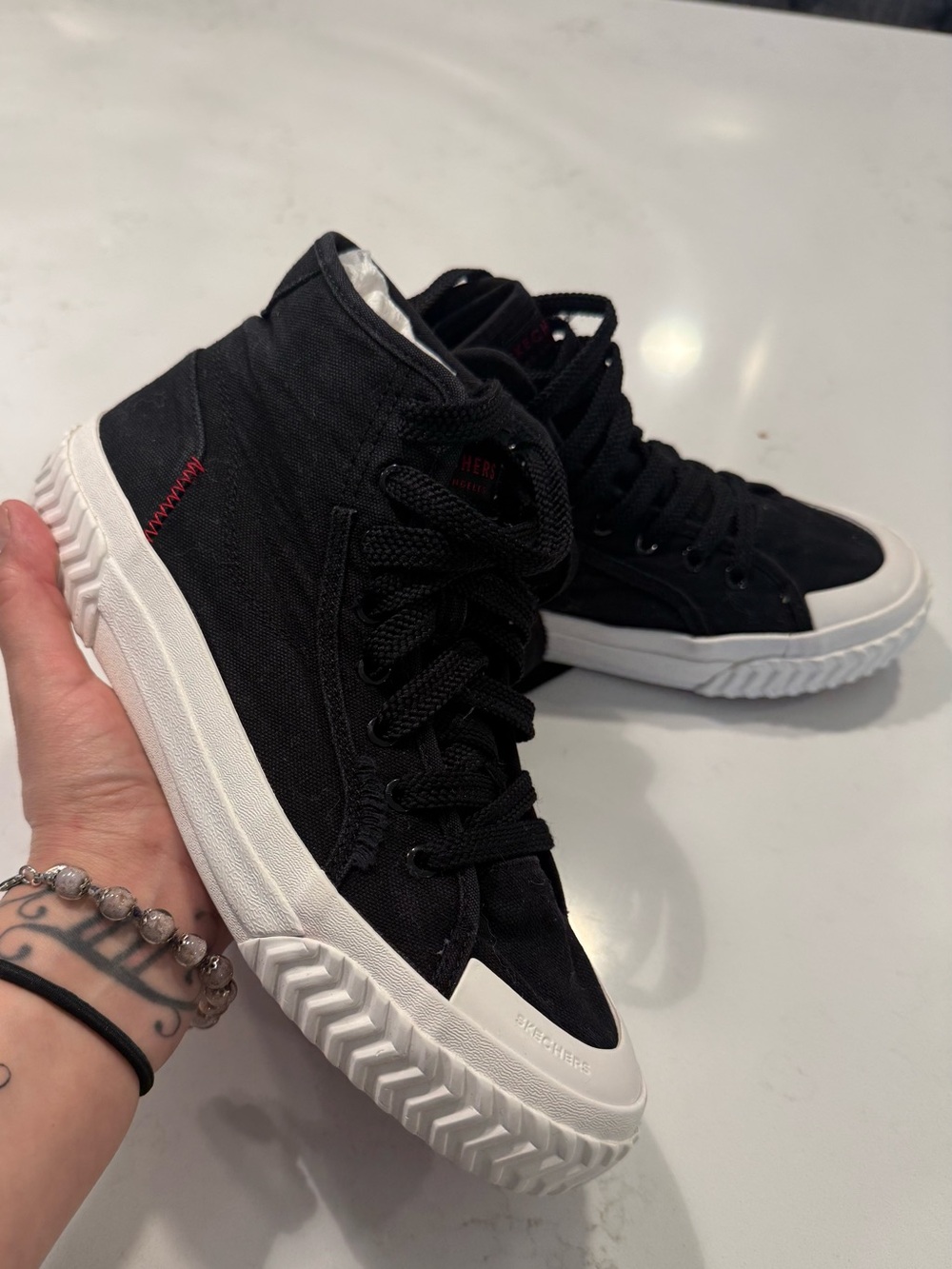 Women Black High-Top Canvas Sneakers with White Sole